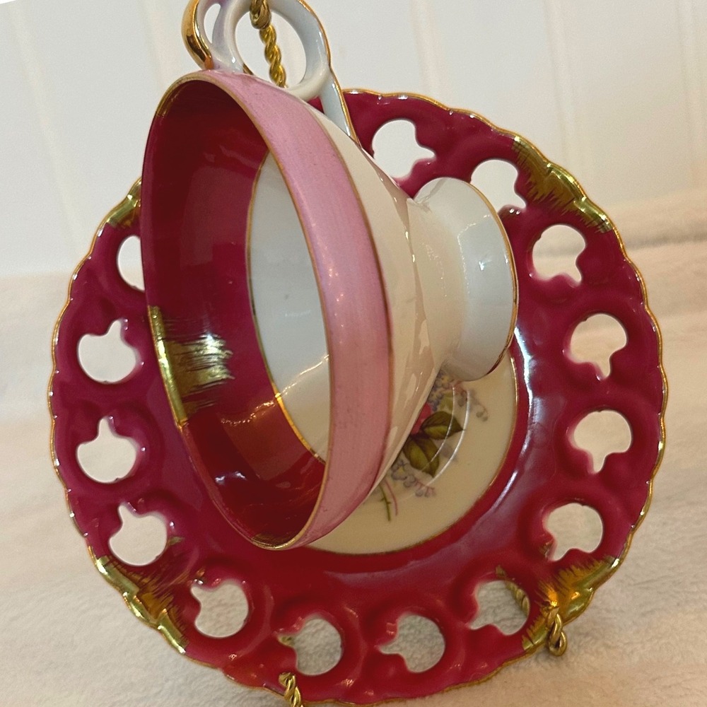 Japan Porcelain Tea Cup Saucer Set Pink Gold Reticulated Rose Floral Excellent
